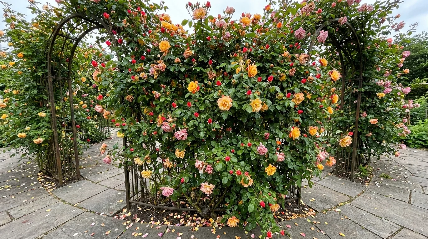 A Joseph's Coat climbing rose with red, yellow, orange, and pink flowers on the same branch.