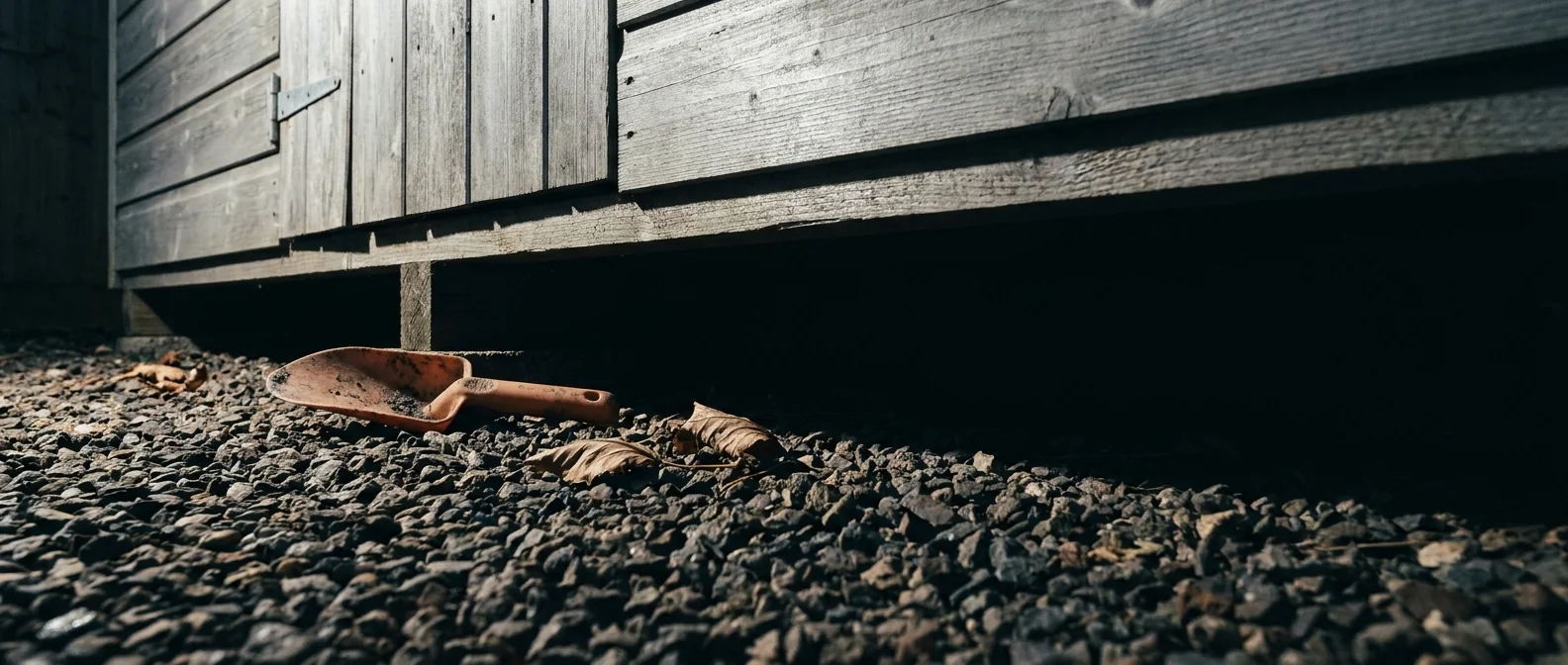 A low-angle photo looking into the dark crawlspace under a wooden garden shed.