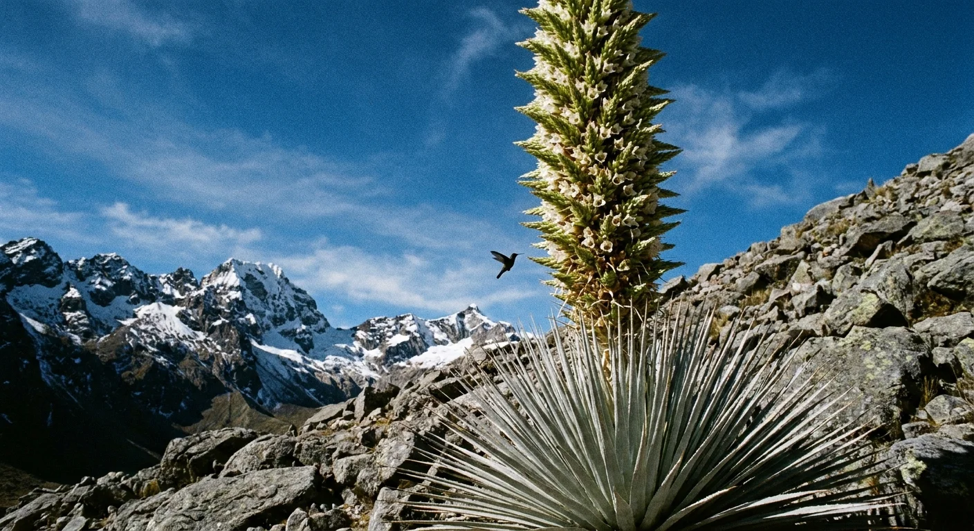 A low-angle photo of the massive Puya raimondii flower spike against snow-capped Andean mountains.