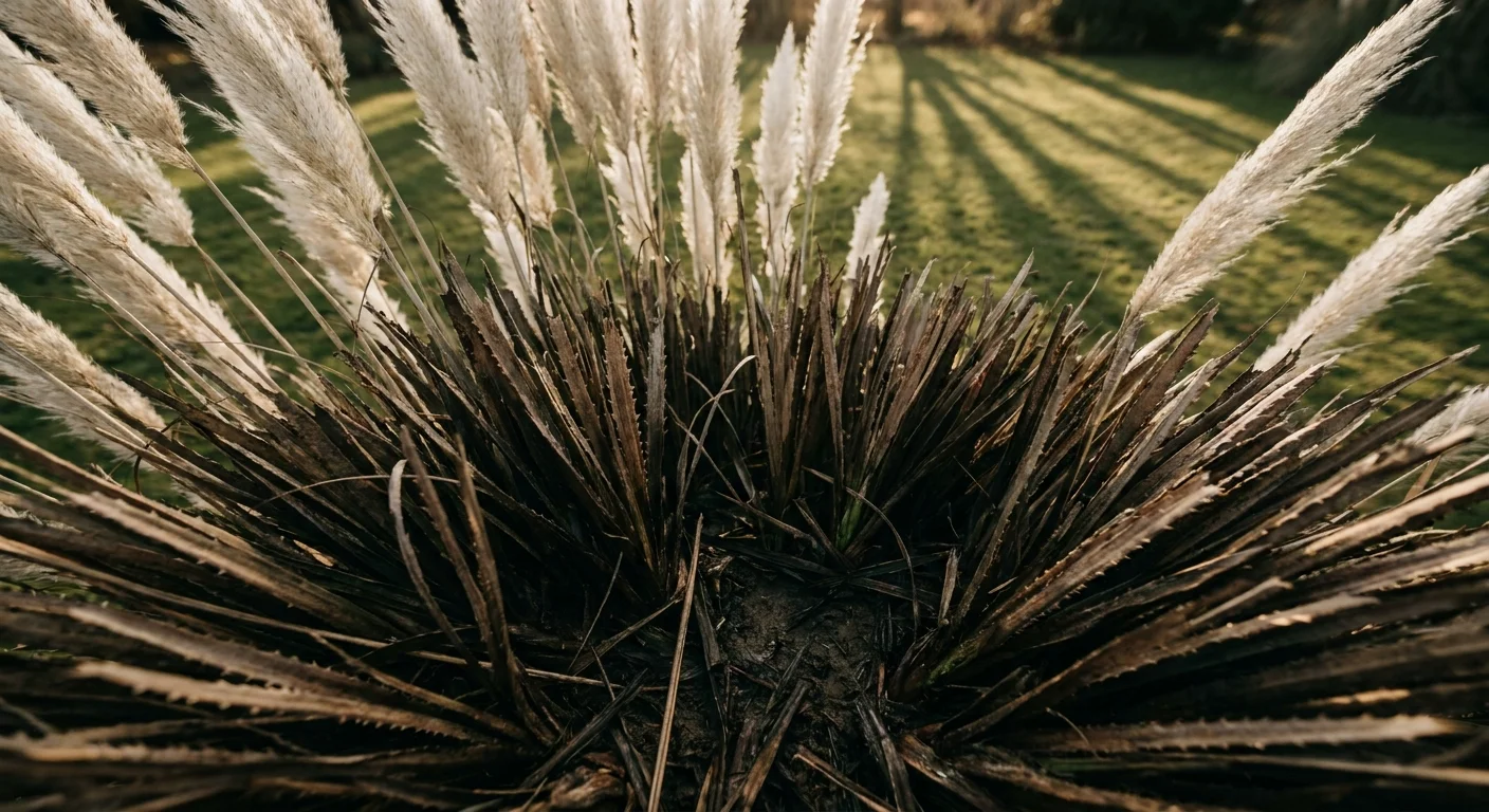 A low-angle shot of pampas grass, focusing on the dark, dense base of the plant.