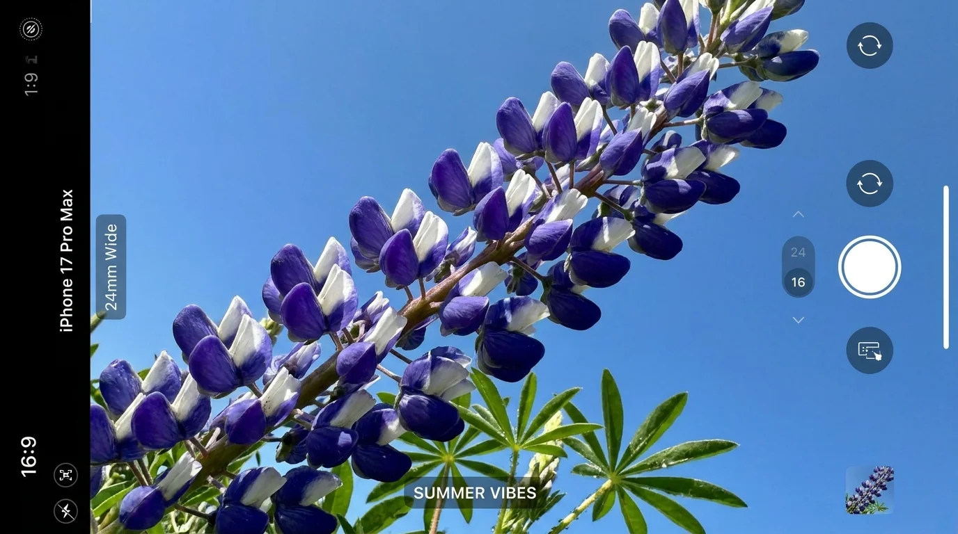 A low-angle view of a blue and white Lupine flower spike reaching toward a clear blue sky.