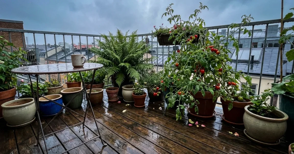 A lush container garden on a wet wooden balcony after a rainstorm, with water droplets on green leaves and a moody sky.