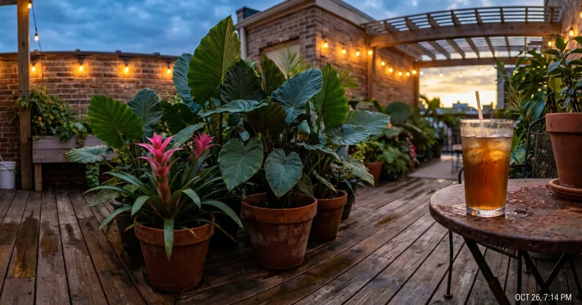 A lush patio garden at dusk with large potted plants like Bromeliads and Elephant Ears under soft string lights.