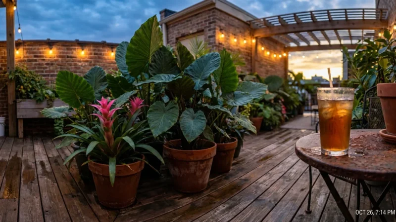 A lush patio garden at dusk with large potted plants like Bromeliads and Elephant Ears under soft string lights.