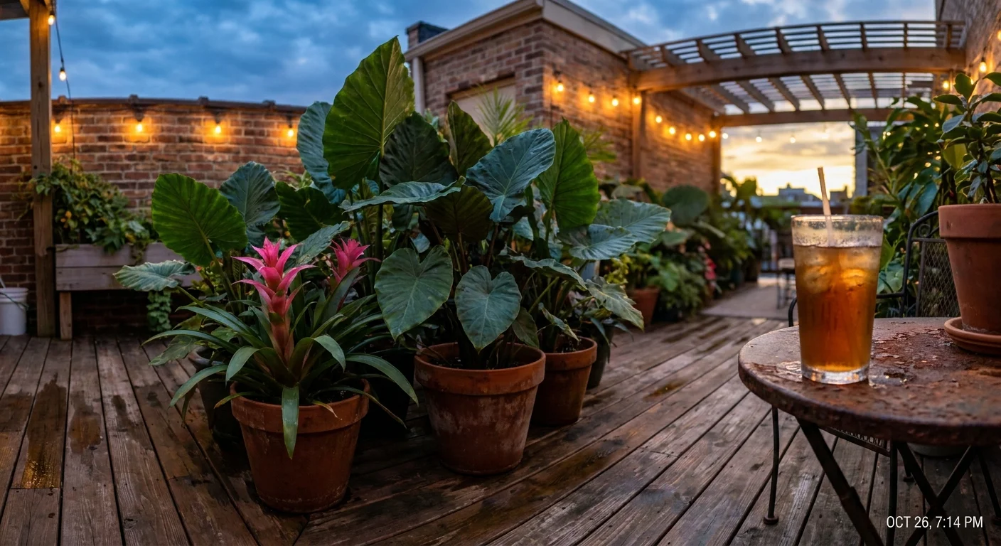 A lush patio garden at dusk with large potted plants like Bromeliads and Elephant Ears under soft string lights.