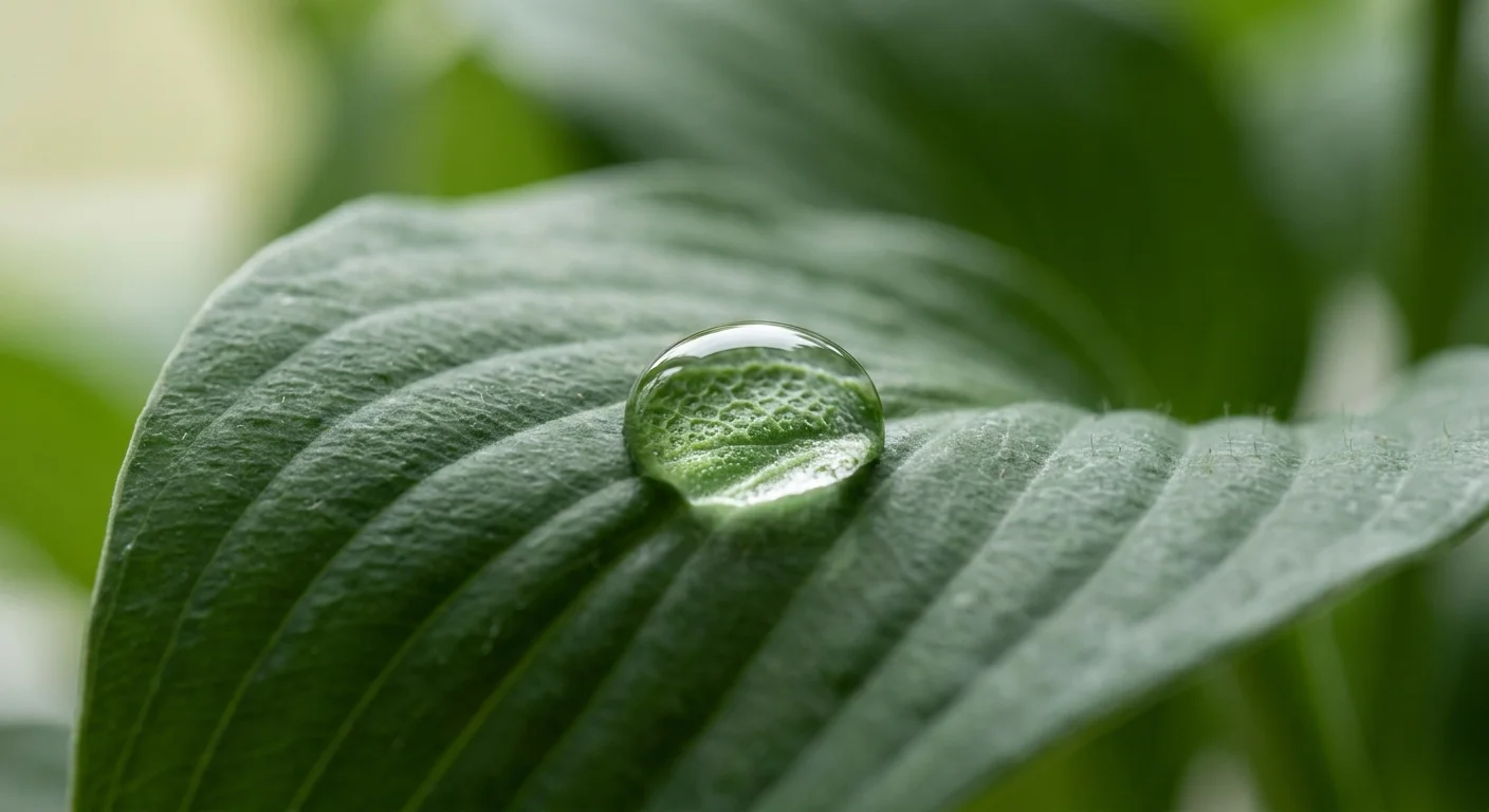 A macro photo of a large green leaf with a clear water droplet magnifying its internal structure and veins.