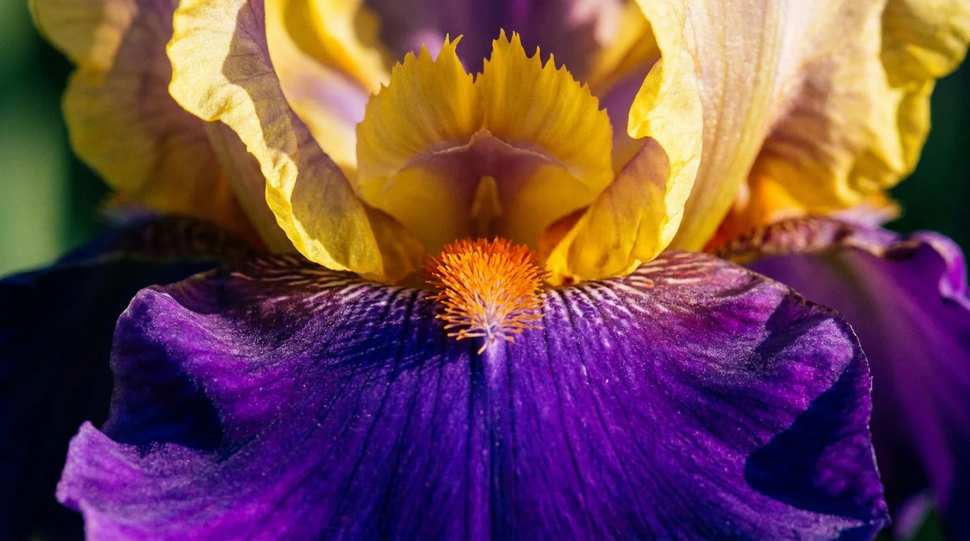 A macro photograph of a bicolored Bearded Iris with yellow upper petals and purple lower petals.