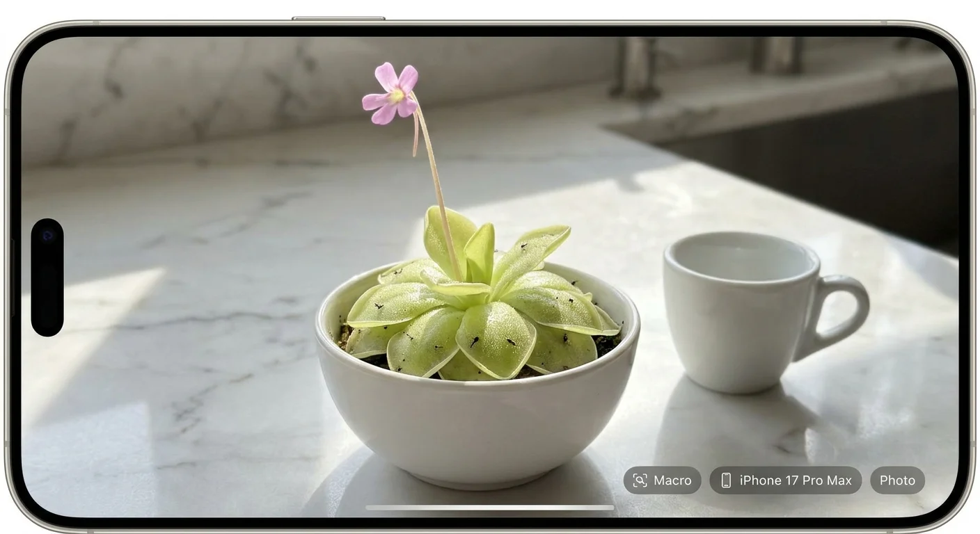A Mexican Butterwort plant with a pink flower sitting on a marble kitchen counter, with tiny gnats stuck to its leaves.