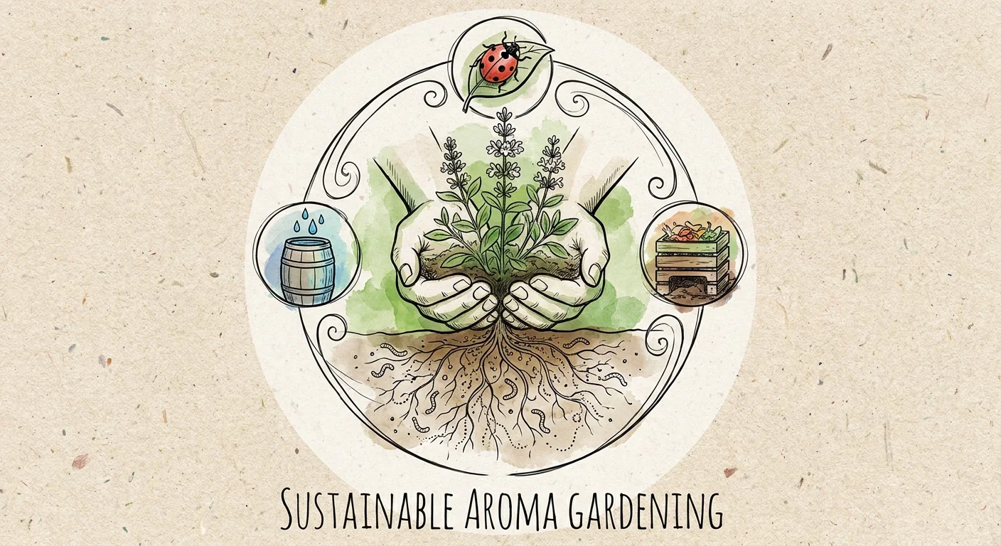 A mixed-media illustration showing hands holding a plant surrounded by icons for composting, water saving, and natural pest control.