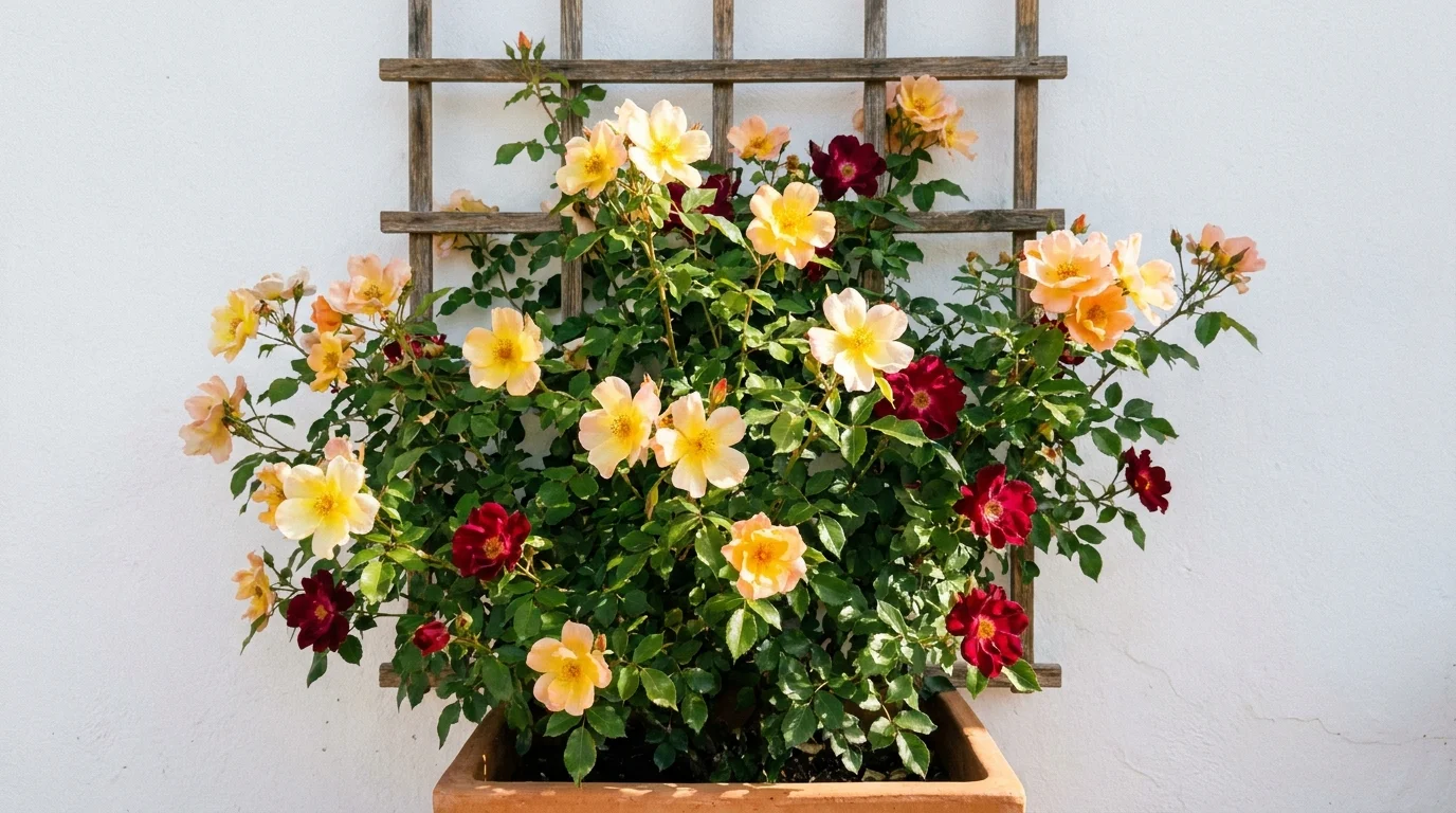 A Mutabilis Rose bush featuring yellow, apricot, and crimson single-petaled flowers.
