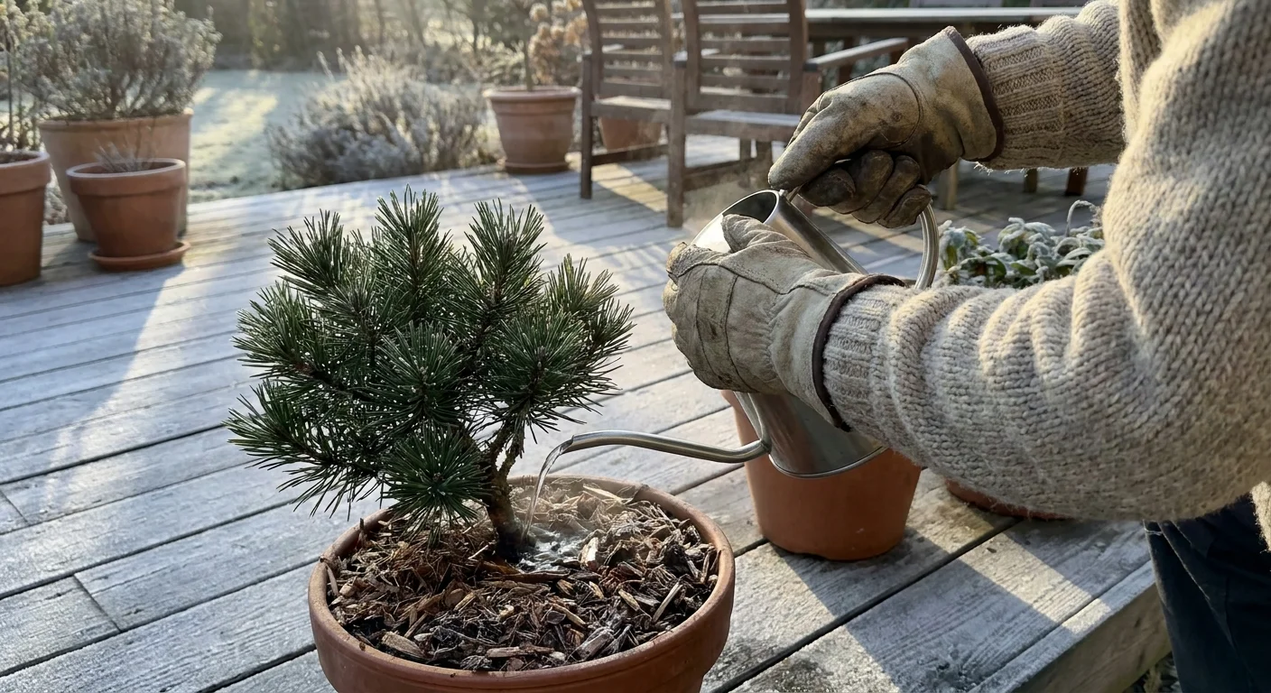 A person in a sweater watering an evergreen pot on a frosty wooden patio in winter.