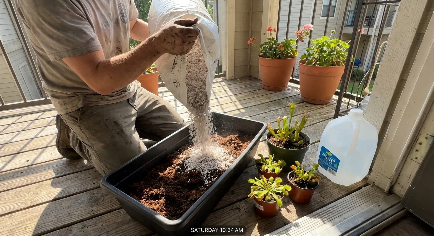 A person mixing peat and perlite in a balcony container to create a small-space bog garden.