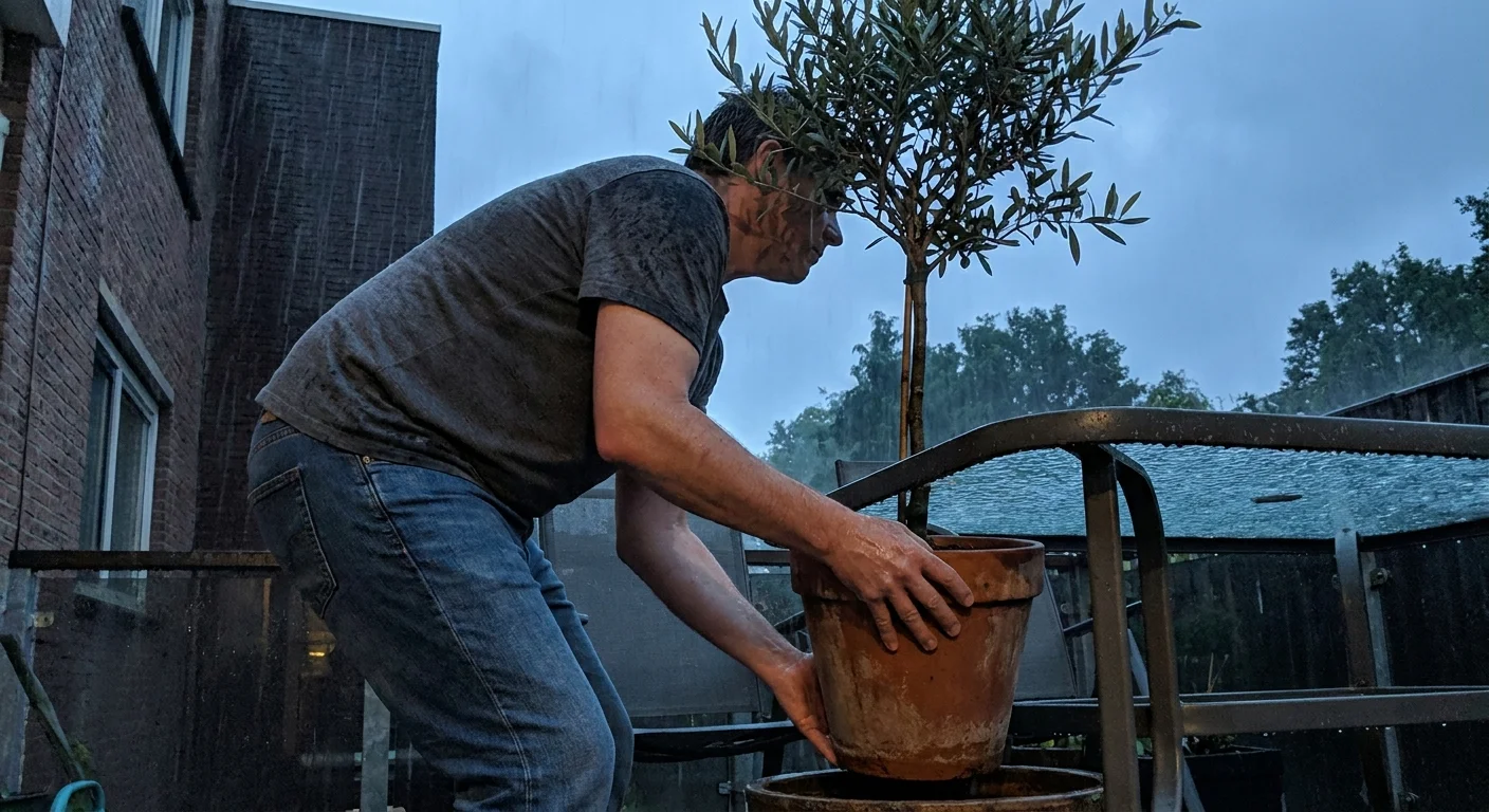 A person moving a potted plant under the shelter of a patio table during a heavy downpour.