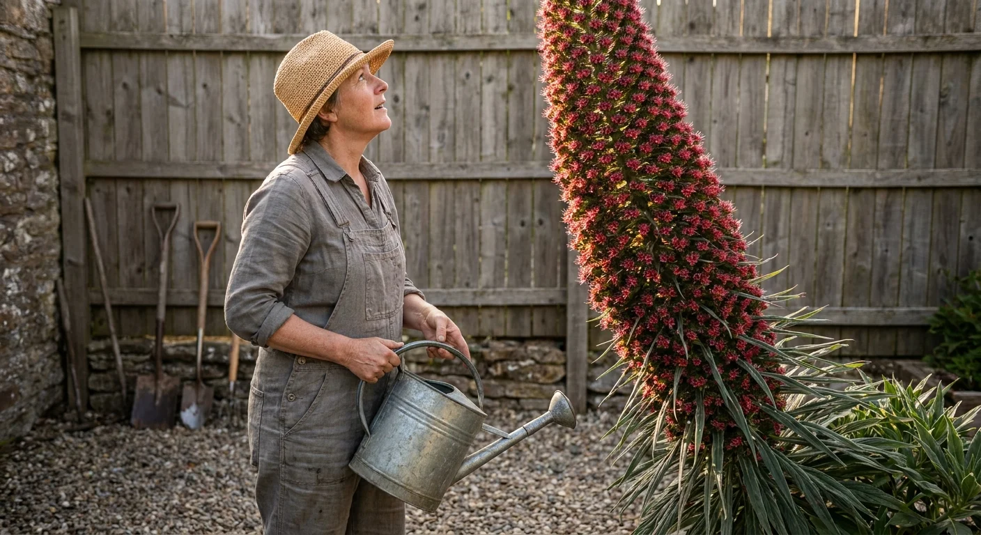 A person standing next to a massive, 6-foot tall red flowering Tower of Jewels plant on a patio.