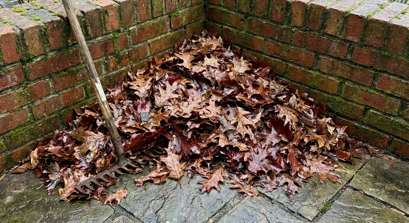 A pile of damp leaves in a patio corner with a garden rake leaning against a brick wall.