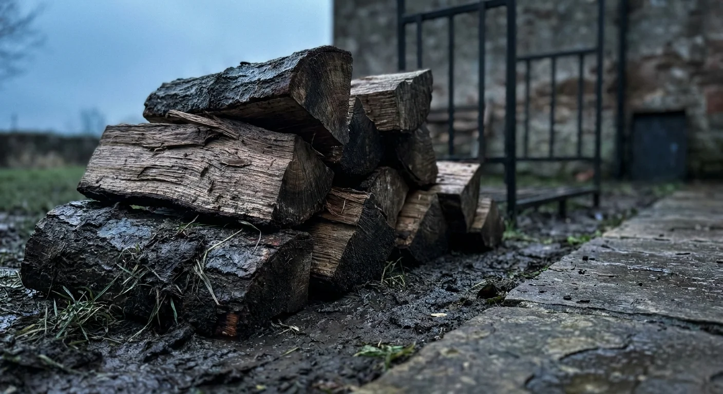 A pile of firewood stacked directly on wet soil, showing the damp contact point.