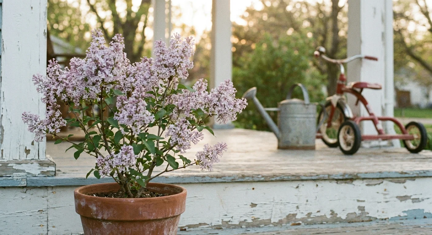 A potted lilac bush sits on a weathered wooden porch in the soft, hazy light of a spring afternoon.