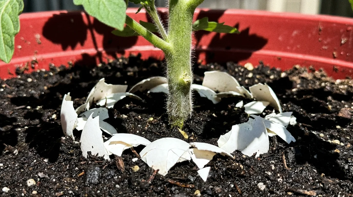 A protective barrier of jagged white eggshells surrounding the base of a green tomato plant stem in a pot.