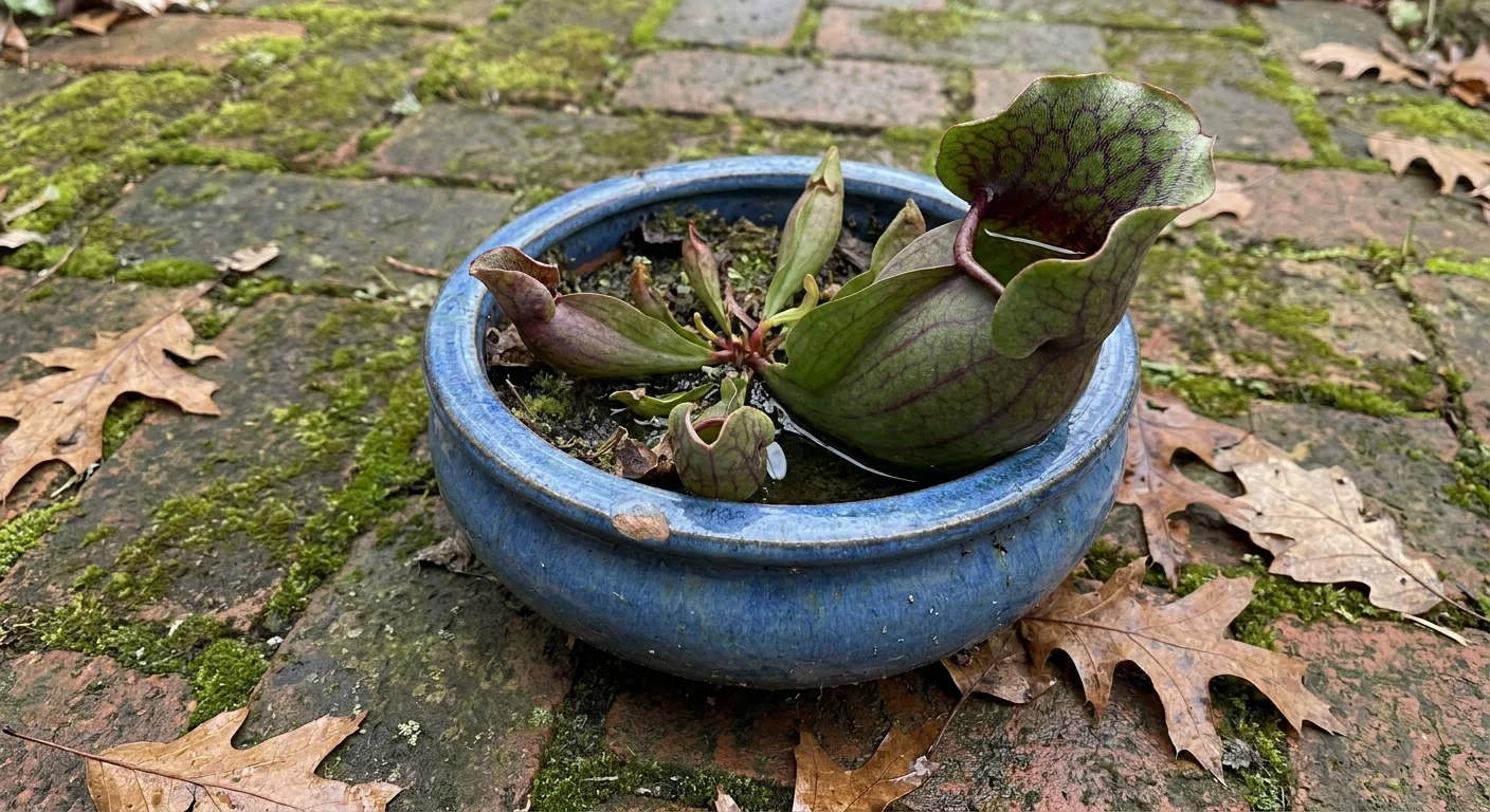 A Purple Pitcher Plant with deep purple veins growing in a blue ceramic pot on a mossy brick patio.