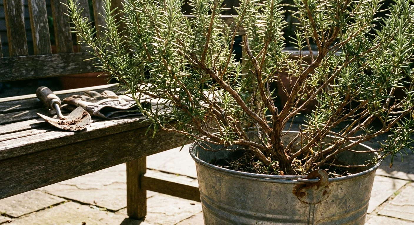 A rosemary bush grows in a metal bucket on a sunny patio next to gardening tools.