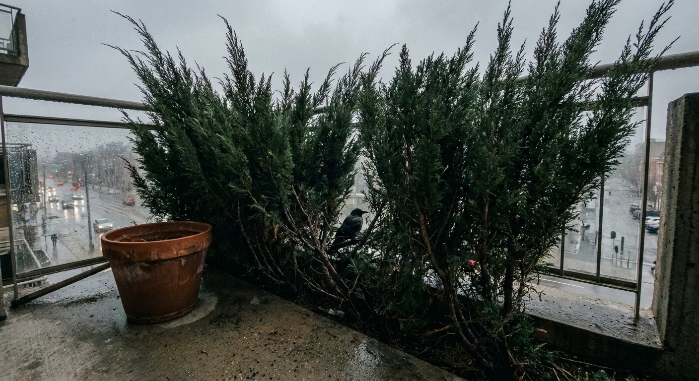 A row of dense green junipers on a balcony shielding a patio from wind and street noise on a cloudy day.