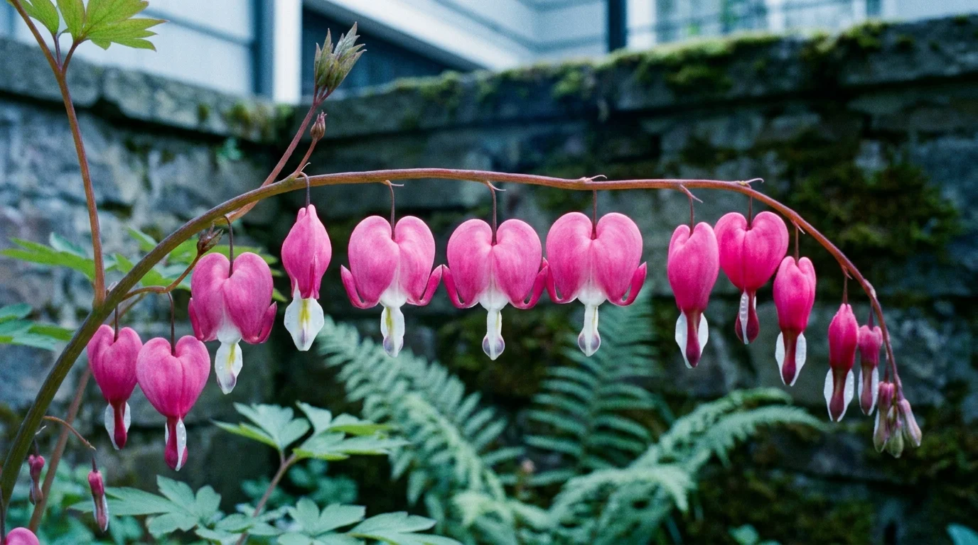 A row of pink and white heart-shaped Bleeding Heart flowers hanging from a green stem in the shade.