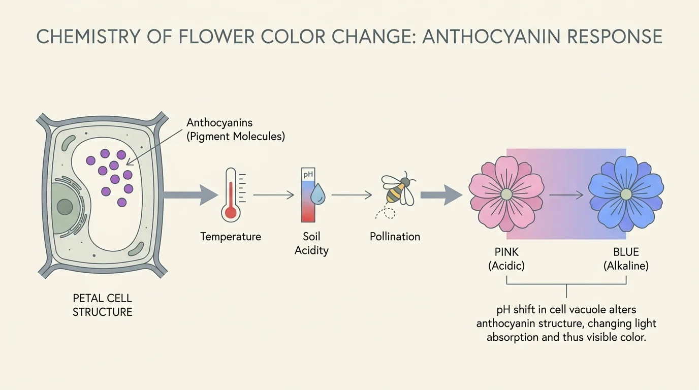 A scientific diagram showing how pH, temperature, and pollination trigger color shifts in plant pigments.