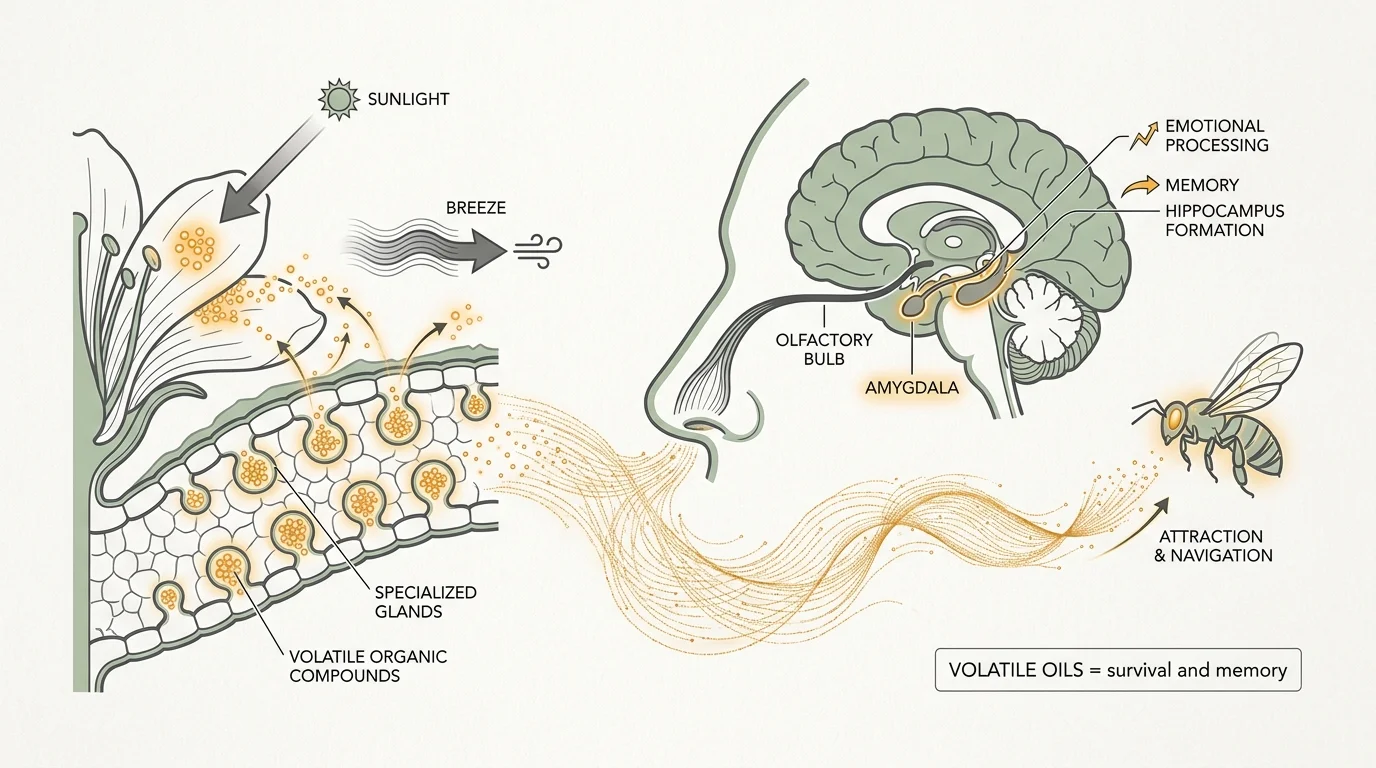 A scientific diagram showing how plant glands release compounds that travel to the human olfactory bulb and brain.