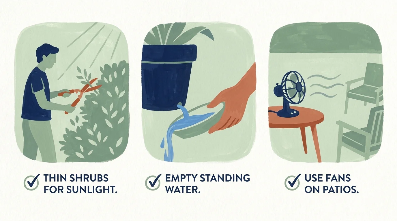 A series of three illustrations showing pruning, emptying water saucers, and using a fan to control mosquitoes.