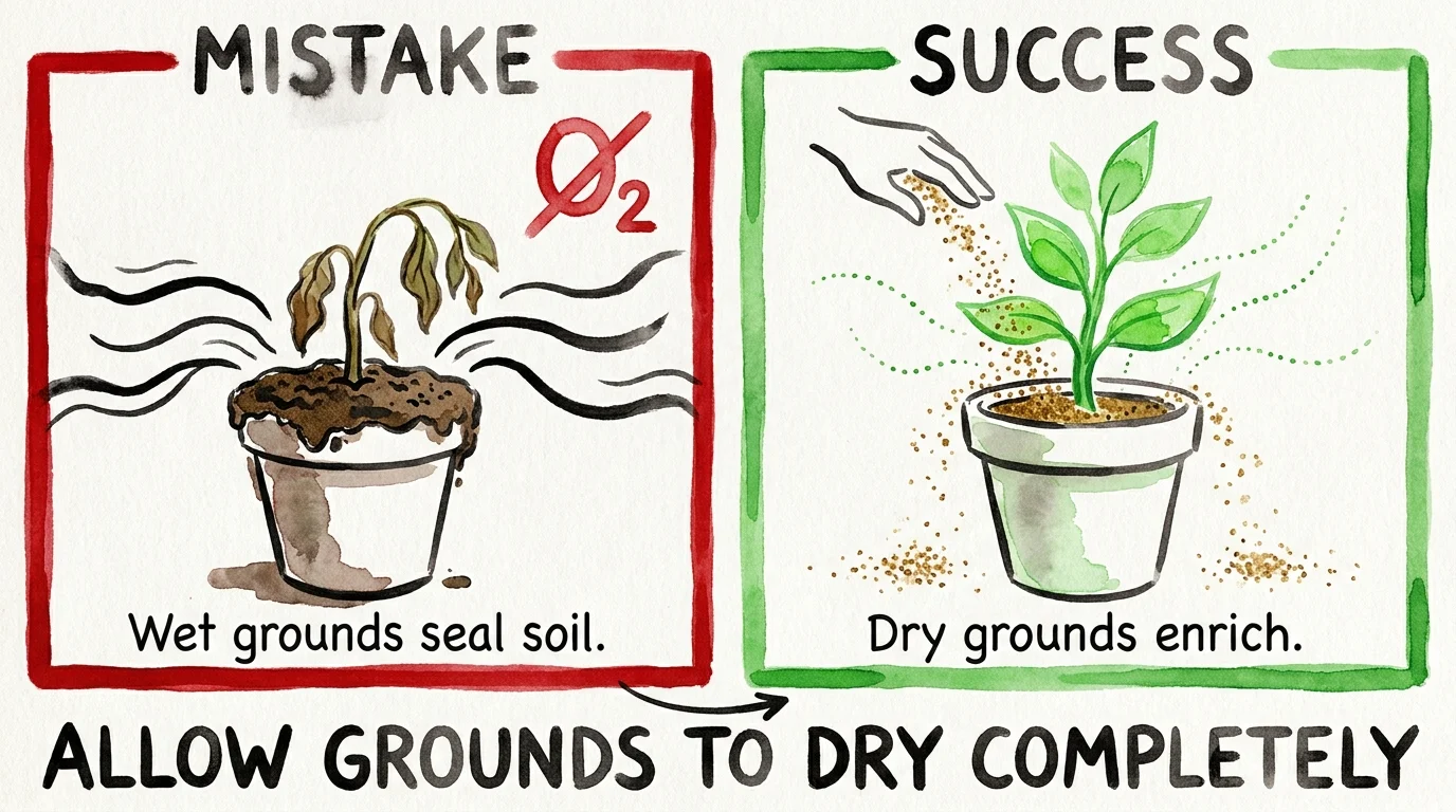 A side-by-side illustration comparing the mistake of using wet, clumping coffee grounds versus the success of dry, sandy grounds.