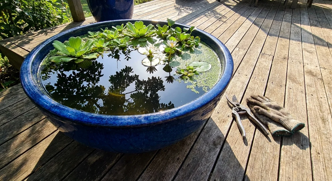 A small container pond on a patio, filled with aquatic plants and standing water.