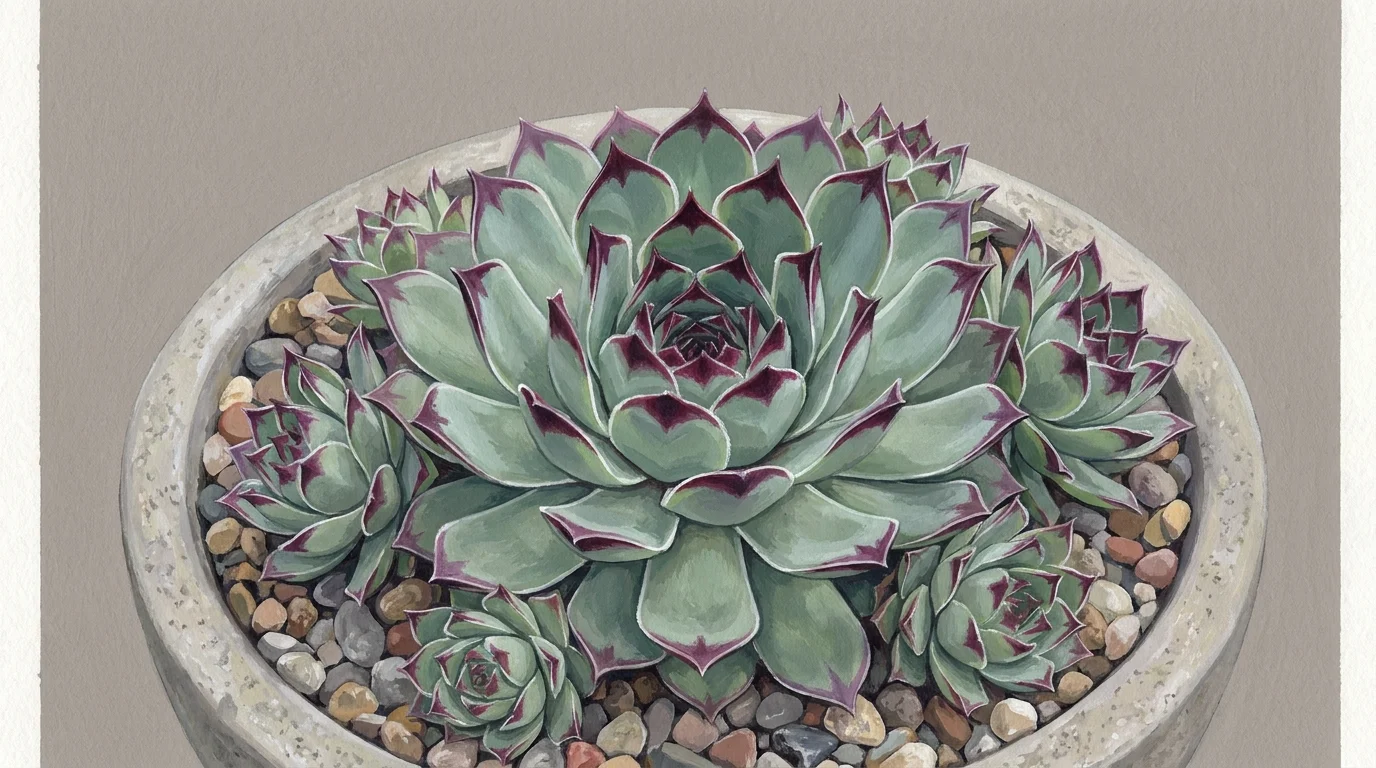 A stylized illustration of Hens and Chicks succulents in a stone bowl, showing their geometric rosette shapes.