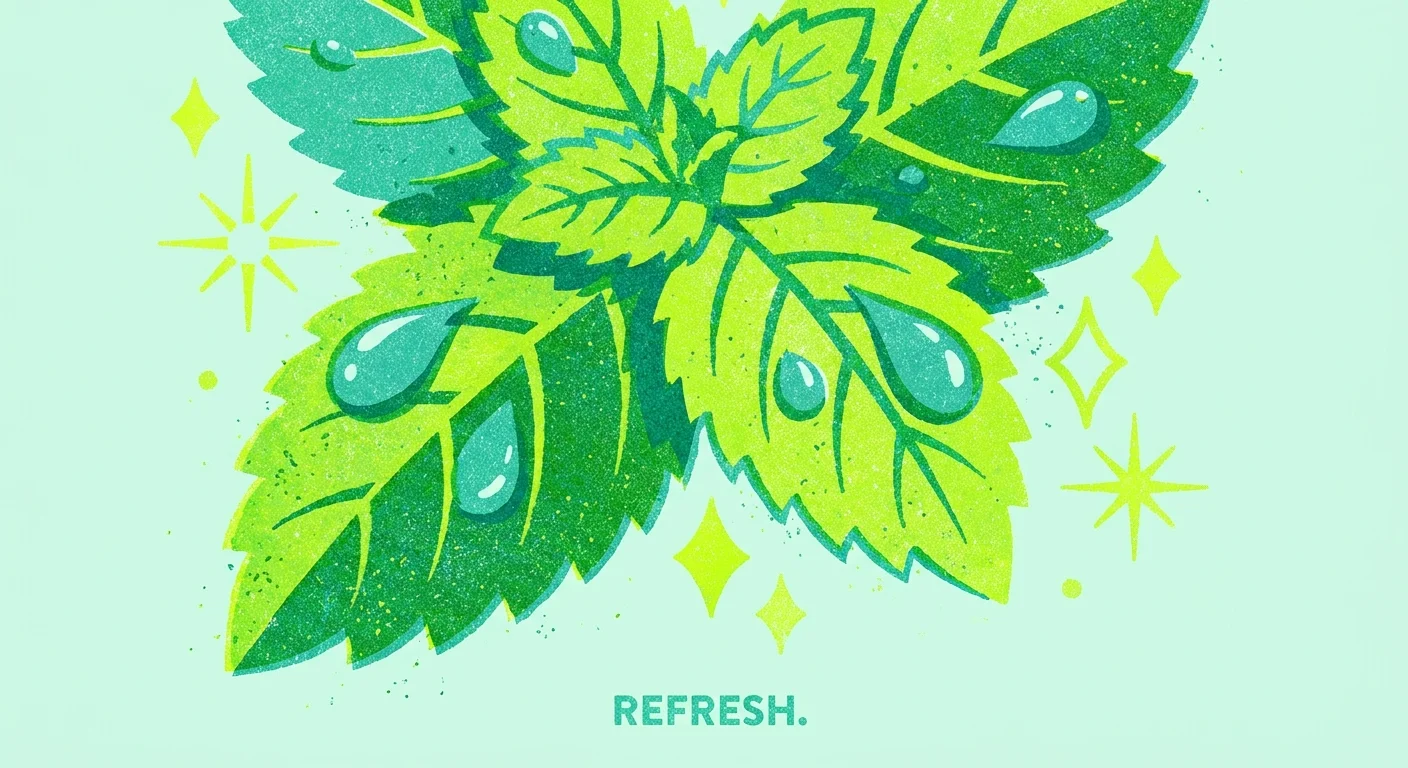A stylized risograph illustration of bright green mint leaves with dew drops and sparkling graphic elements.