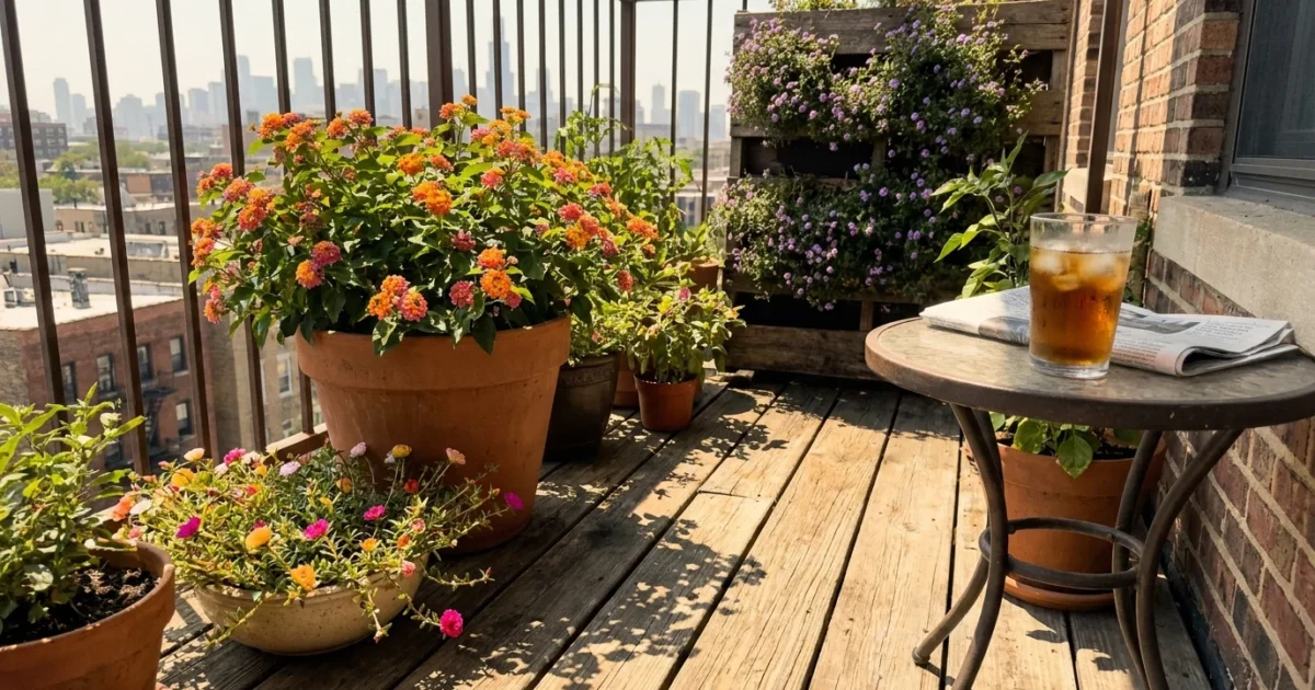 A sun-drenched apartment balcony filled with potted drought-tolerant flowers under a bright, hot summer sun.