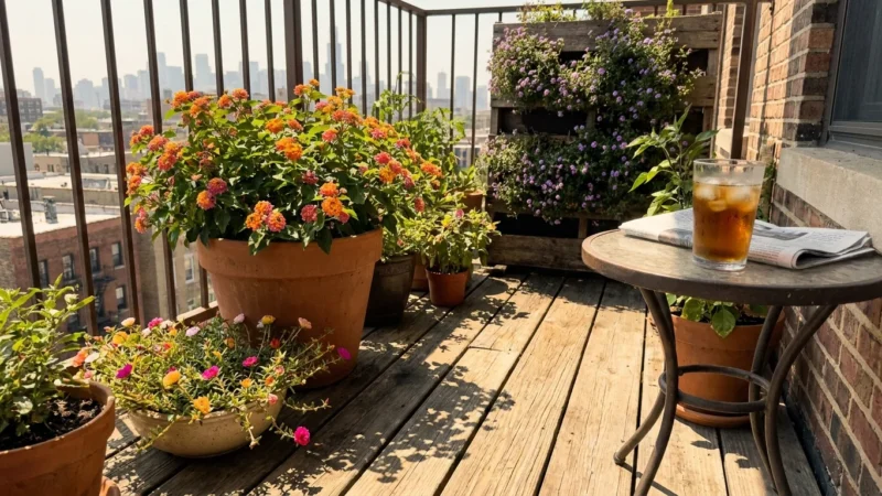 A sun-drenched apartment balcony filled with potted drought-tolerant flowers under a bright, hot summer sun.