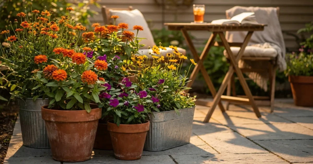 A sun-drenched patio garden with vibrant flowers in terracotta pots and a bistro table in the background during golden hour.