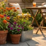 A sun-drenched patio garden with vibrant flowers in terracotta pots and a bistro table in the background during golden hour.