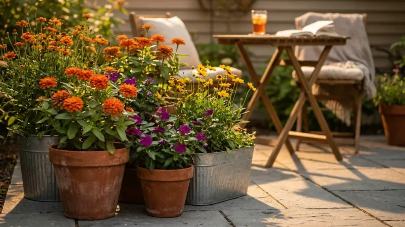 A sun-drenched patio garden with vibrant flowers in terracotta pots and a bistro table in the background during golden hour.