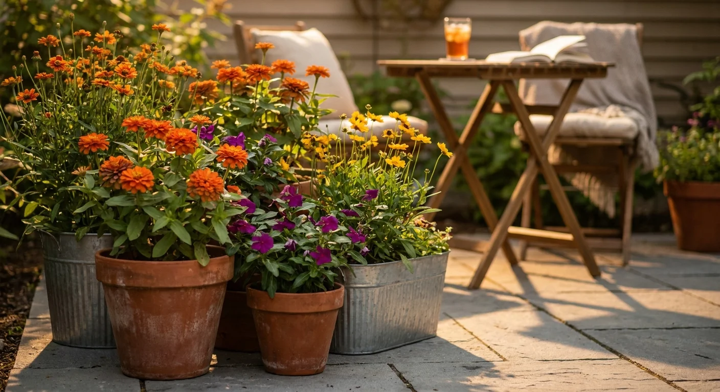 A sun-drenched patio garden with vibrant flowers in terracotta pots and a bistro table in the background during golden hour.