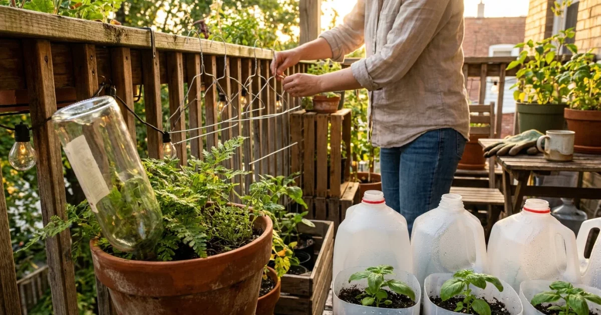 A sun-lit balcony garden featuring repurposed wine bottles and milk jugs used as plant care tools among lush green containers.