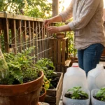 A sun-lit balcony garden featuring repurposed wine bottles and milk jugs used as plant care tools among lush green containers.