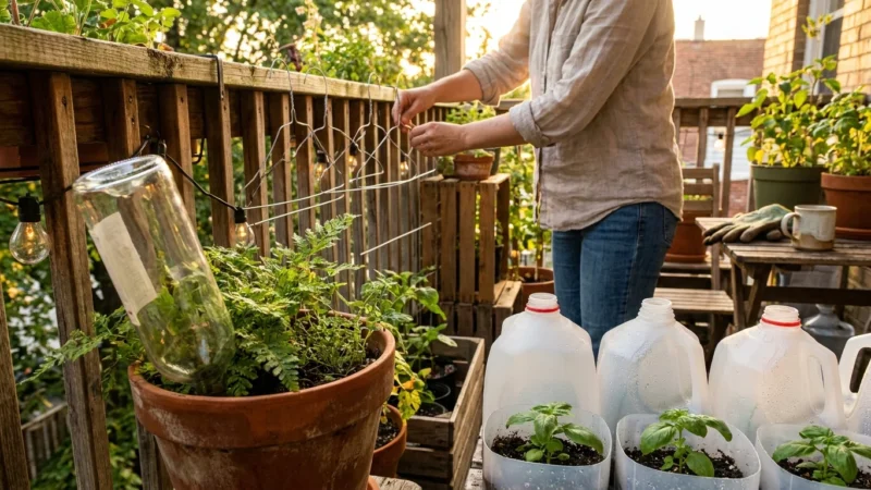 A sun-lit balcony garden featuring repurposed wine bottles and milk jugs used as plant care tools among lush green containers.