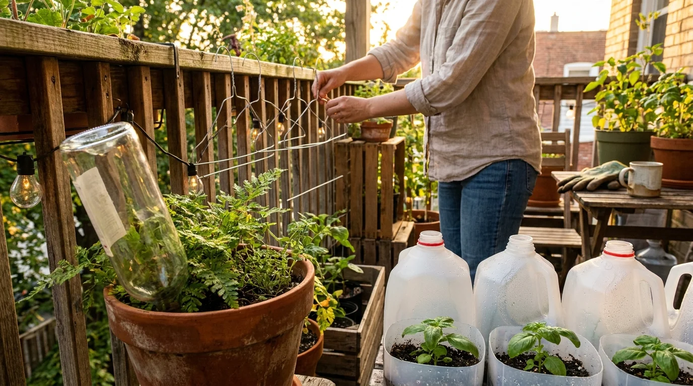 A sun-lit balcony garden featuring repurposed wine bottles and milk jugs used as plant care tools among lush green containers.