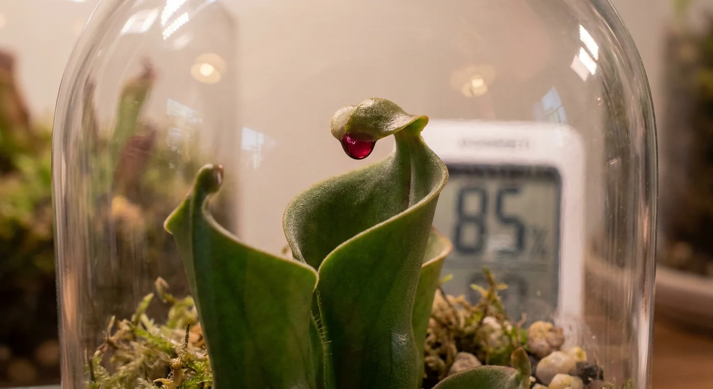 A Sun Pitcher Plant with a red nectar spoon inside a glass cloche on a bright windowsill.
