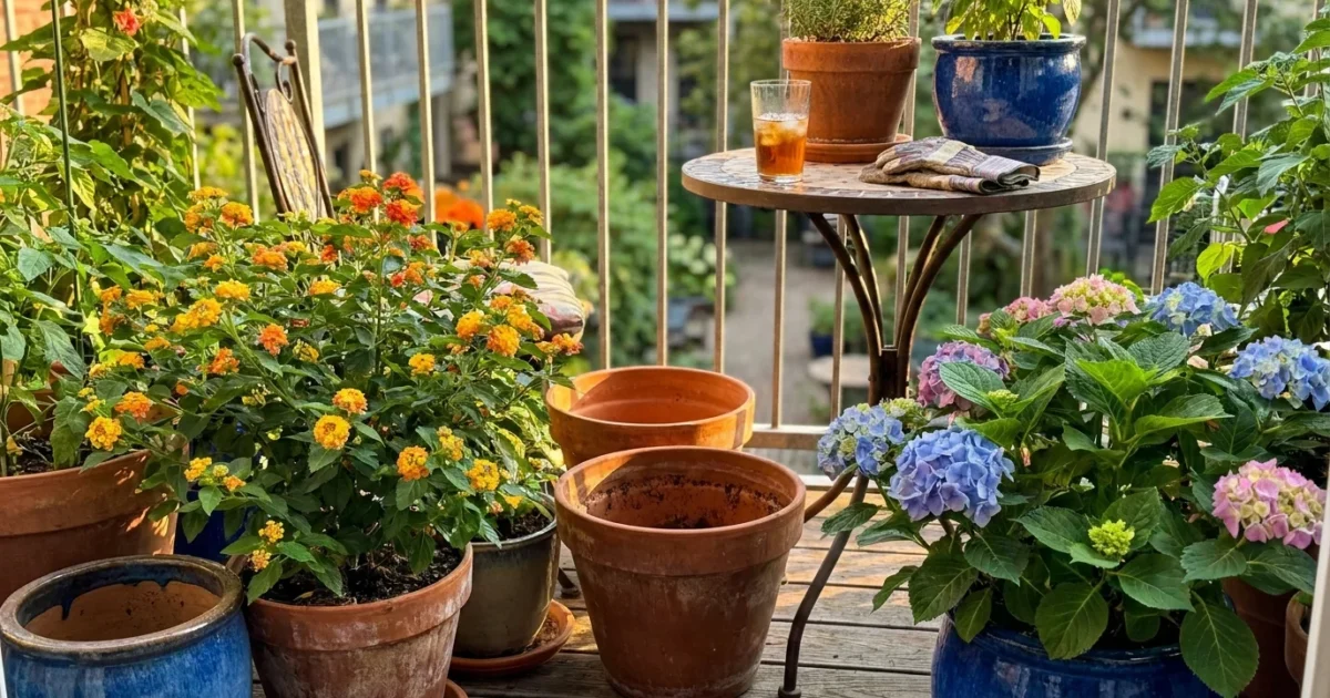 A sunlit balcony garden with various color-changing flowers in ceramic pots on a wooden deck.