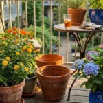 A sunlit balcony garden with various color-changing flowers in ceramic pots on a wooden deck.