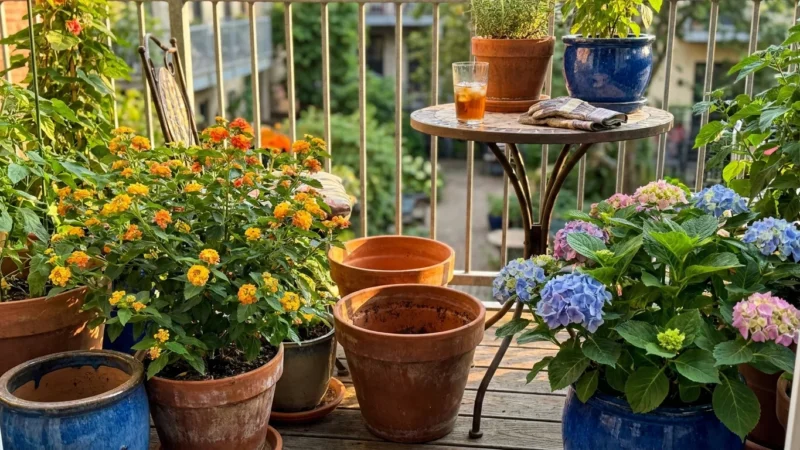 A sunlit balcony garden with various color-changing flowers in ceramic pots on a wooden deck.