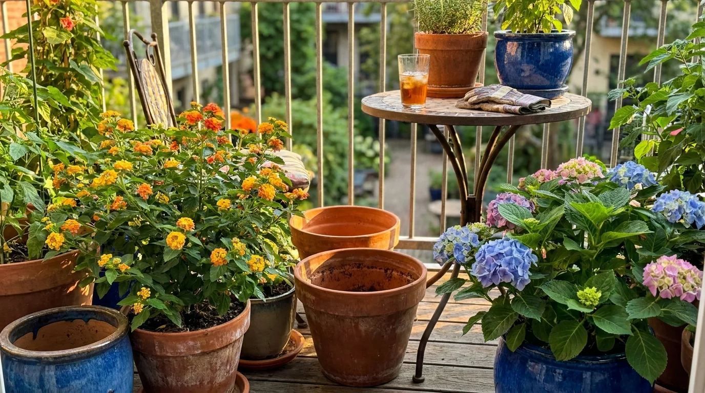 A sunlit balcony garden with various color-changing flowers in ceramic pots on a wooden deck.