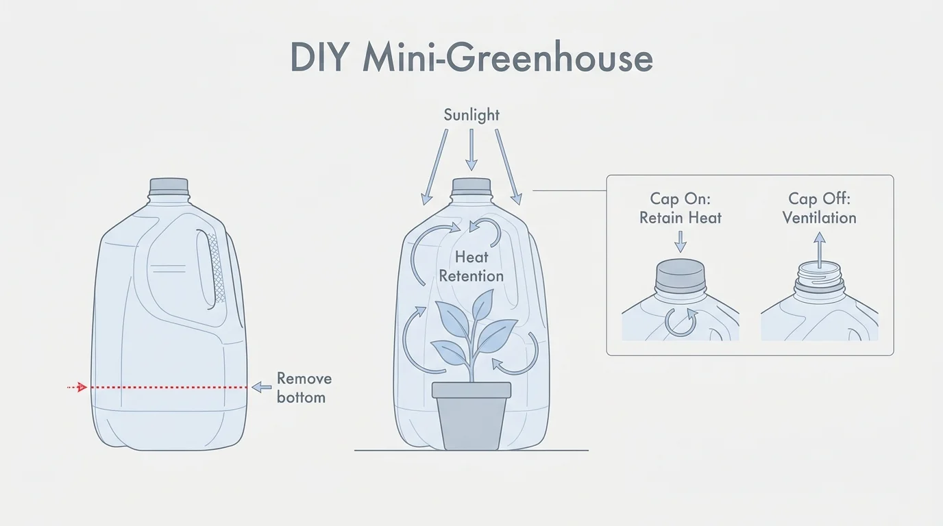 A technical diagram showing how to cut a plastic milk jug and use the cap to regulate temperature for plants.
