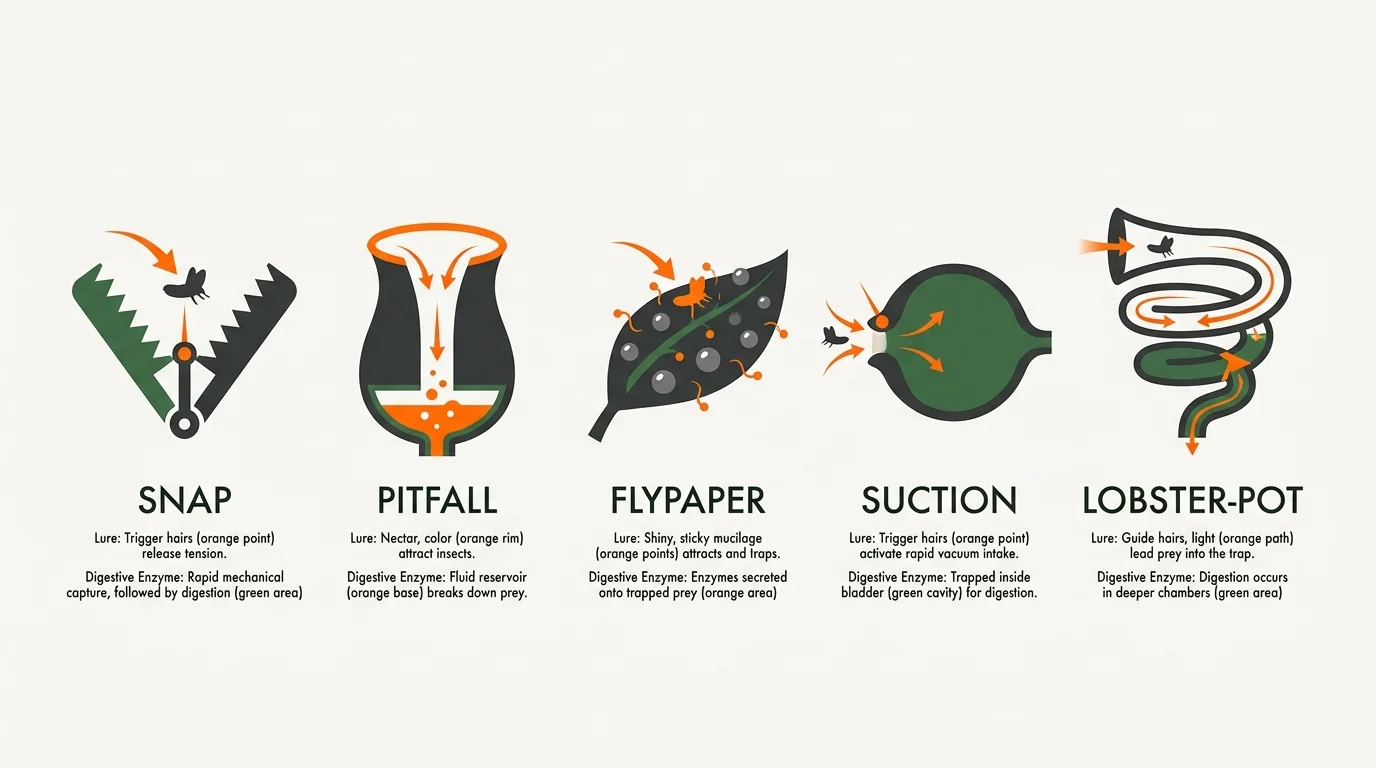 A technical diagram showing the five mechanical trap types: snap, pitfall, flypaper, suction, and lobster-pot.